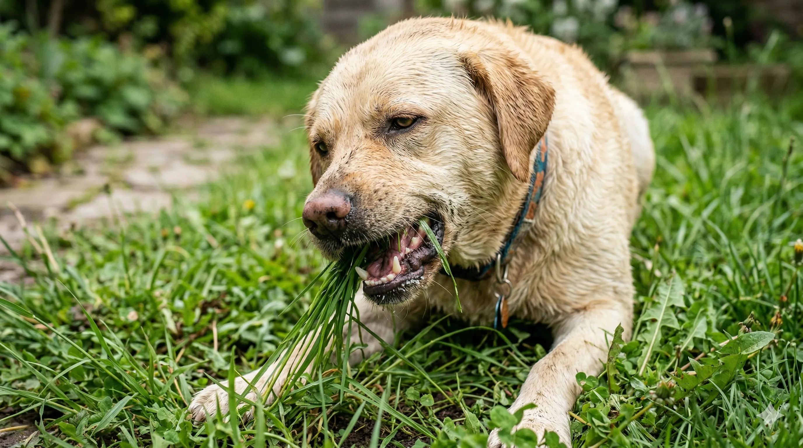why-do-dogs-eat-grass-1.webp Labrador Retriever showing behavior related to why do dogs eat grass