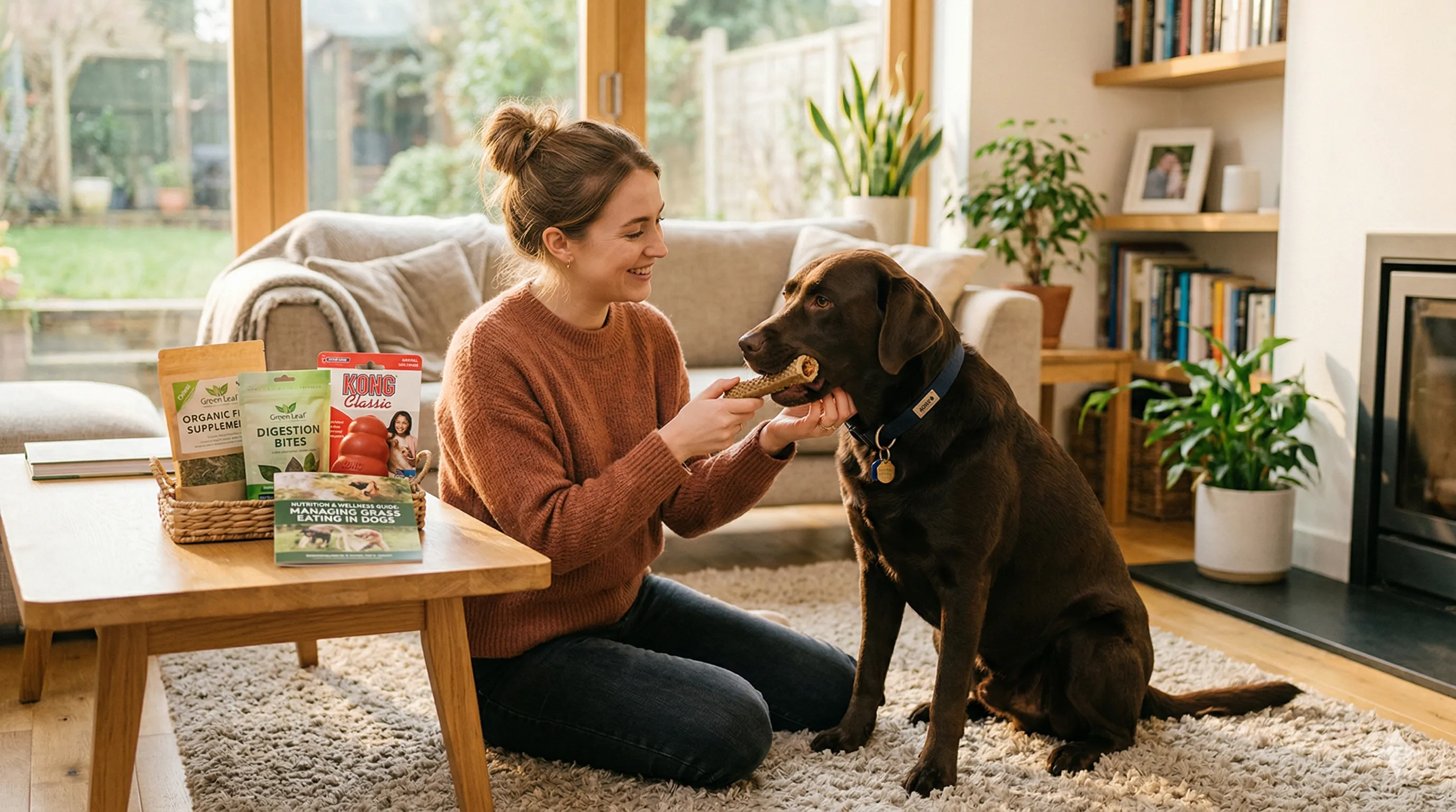 why-do-dogs-eat-grass-2.webp owner helping Labrador Retriever with why do dogs eat grass