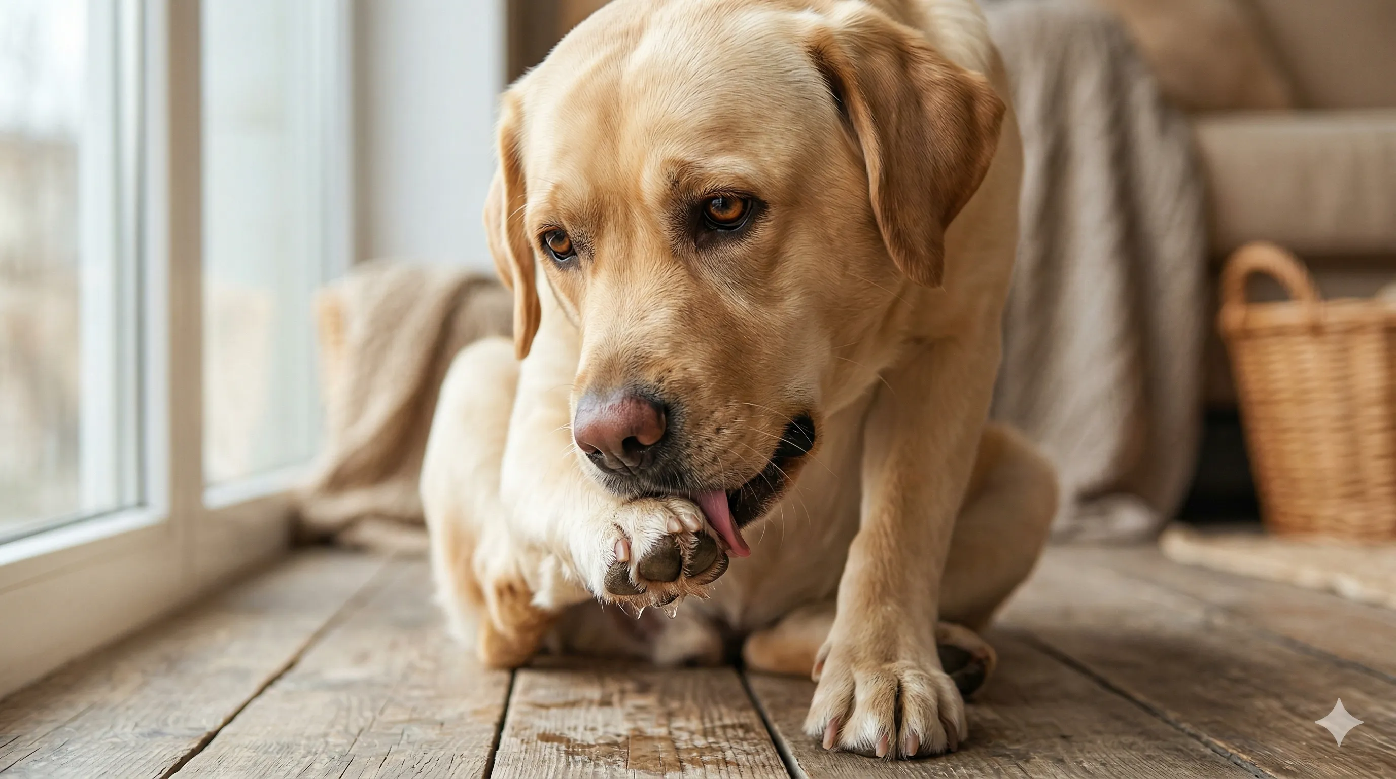 Labrador Retriever showing behavior related to why dogs lick their paws