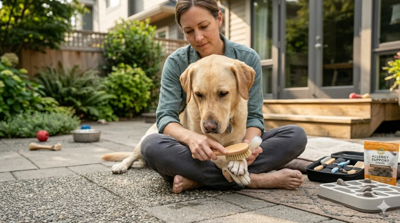 owner helping Labrador Retriever with why dogs lick their paws